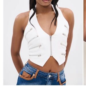 AKIRA White Zip-Up Halter Crop Top